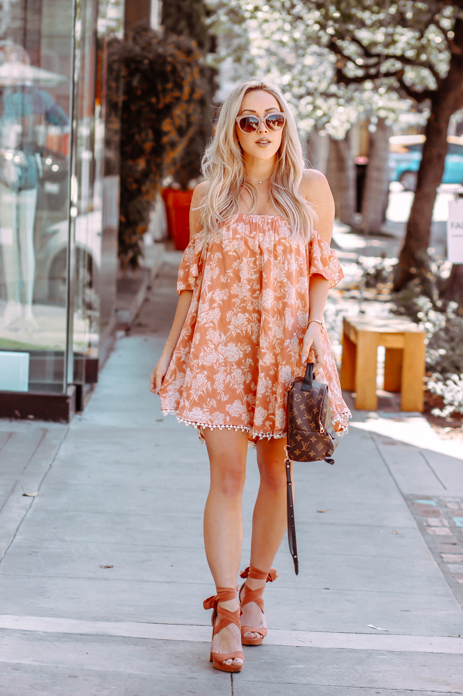 Orange Summer Dress | Louis Vuitton Backpack | Summer Fashion | Blondie in the City by Hayley Larue