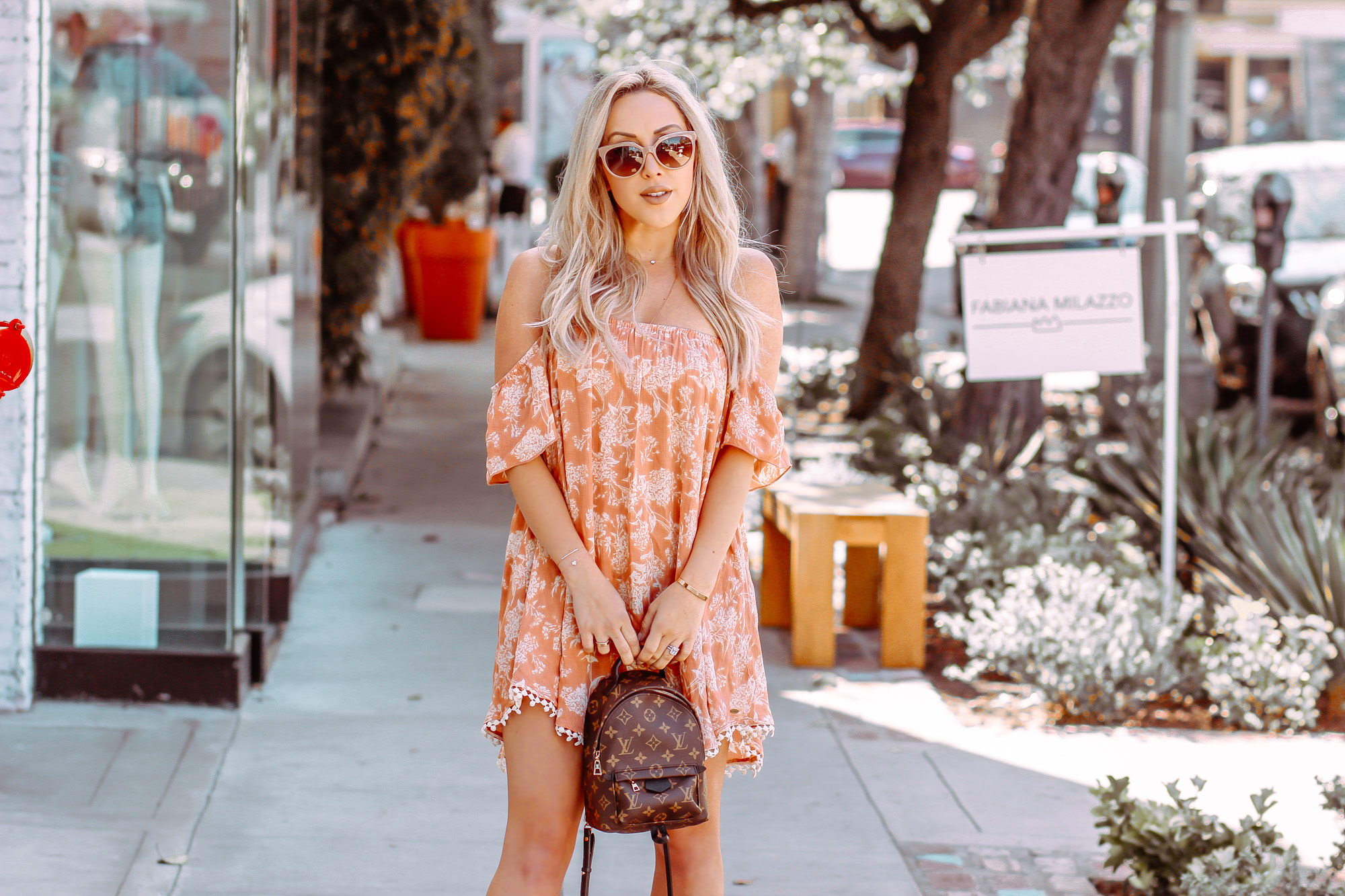 Orange Summer Dress | Louis Vuitton Backpack | Summer Fashion | Blondie in the City by Hayley Larue