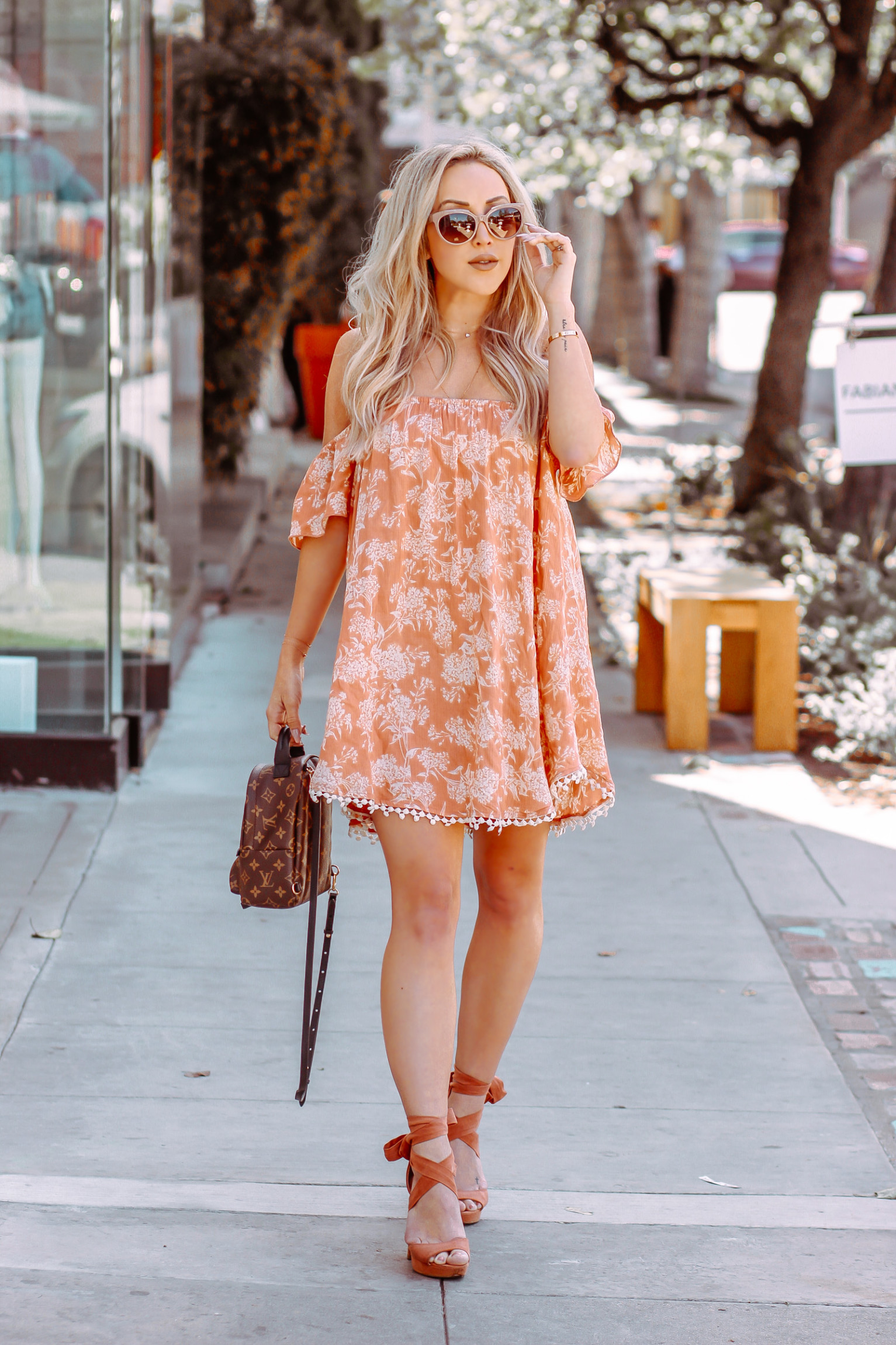 Orange Summer Dress | Louis Vuitton Backpack | Summer Fashion | Blondie in the City by Hayley Larue