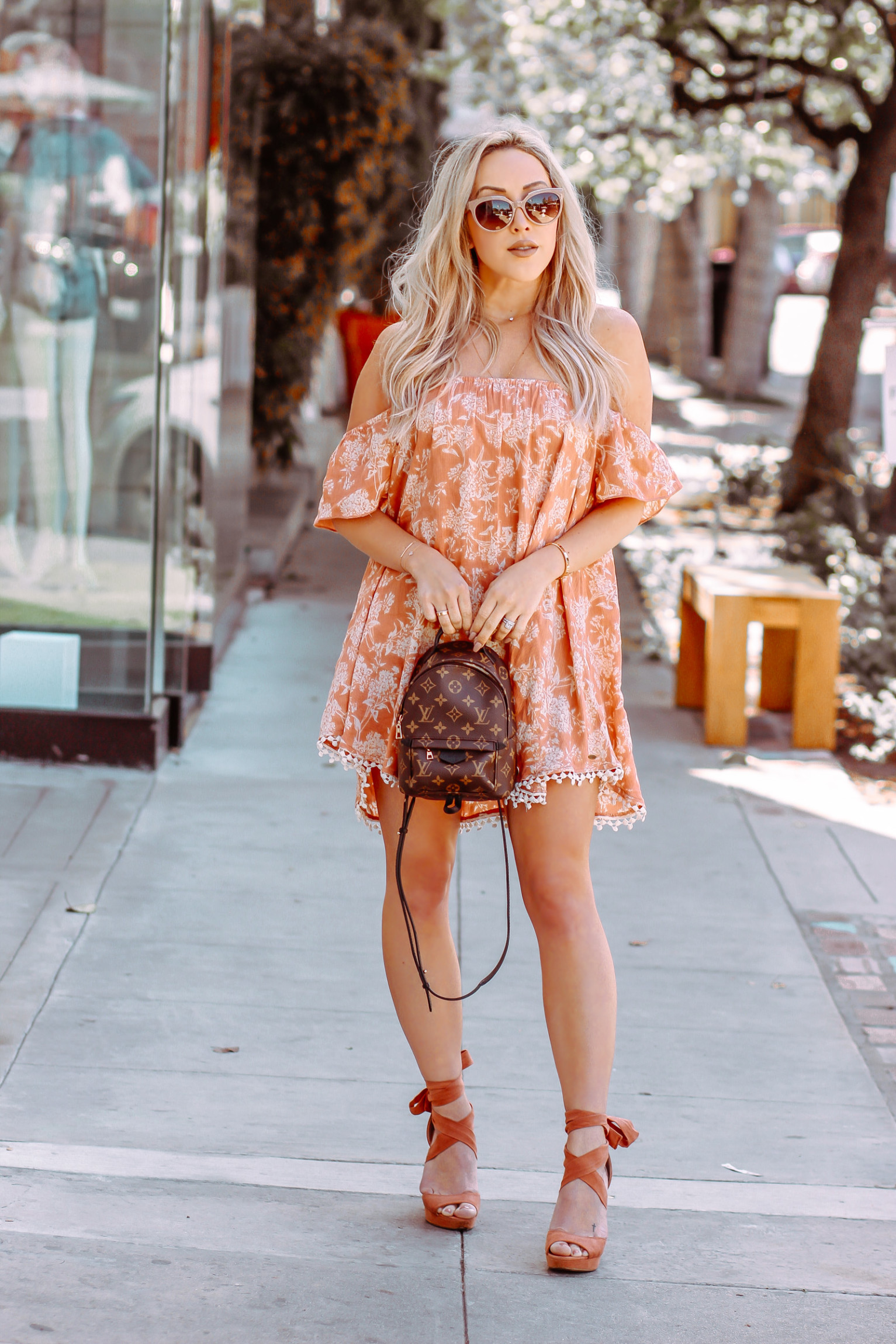 Orange Summer Dress | Louis Vuitton Backpack | Summer Fashion | Blondie in the City by Hayley Larue