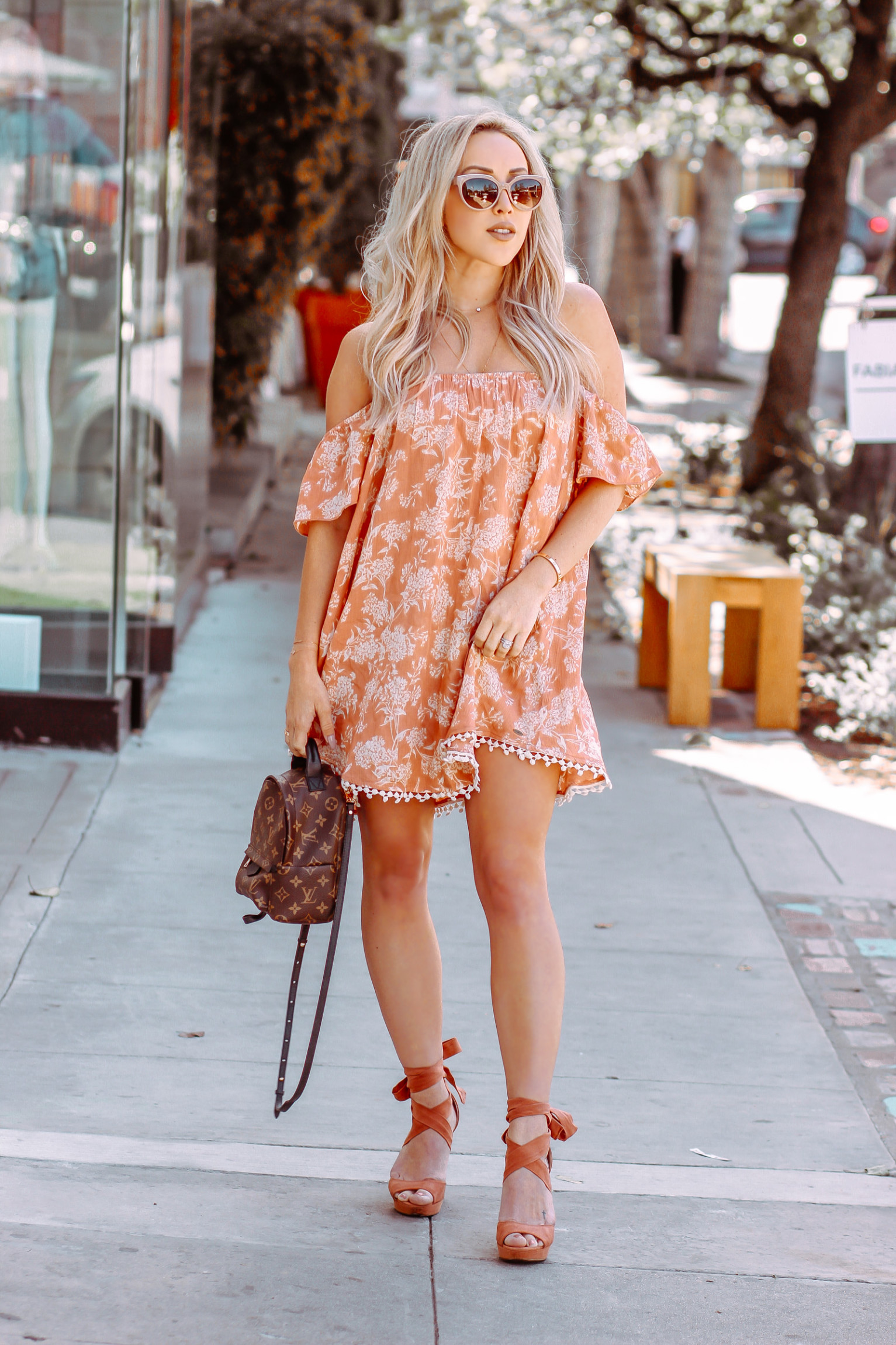Orange Summer Dress | Louis Vuitton Backpack | Summer Fashion | Blondie in the City by Hayley Larue