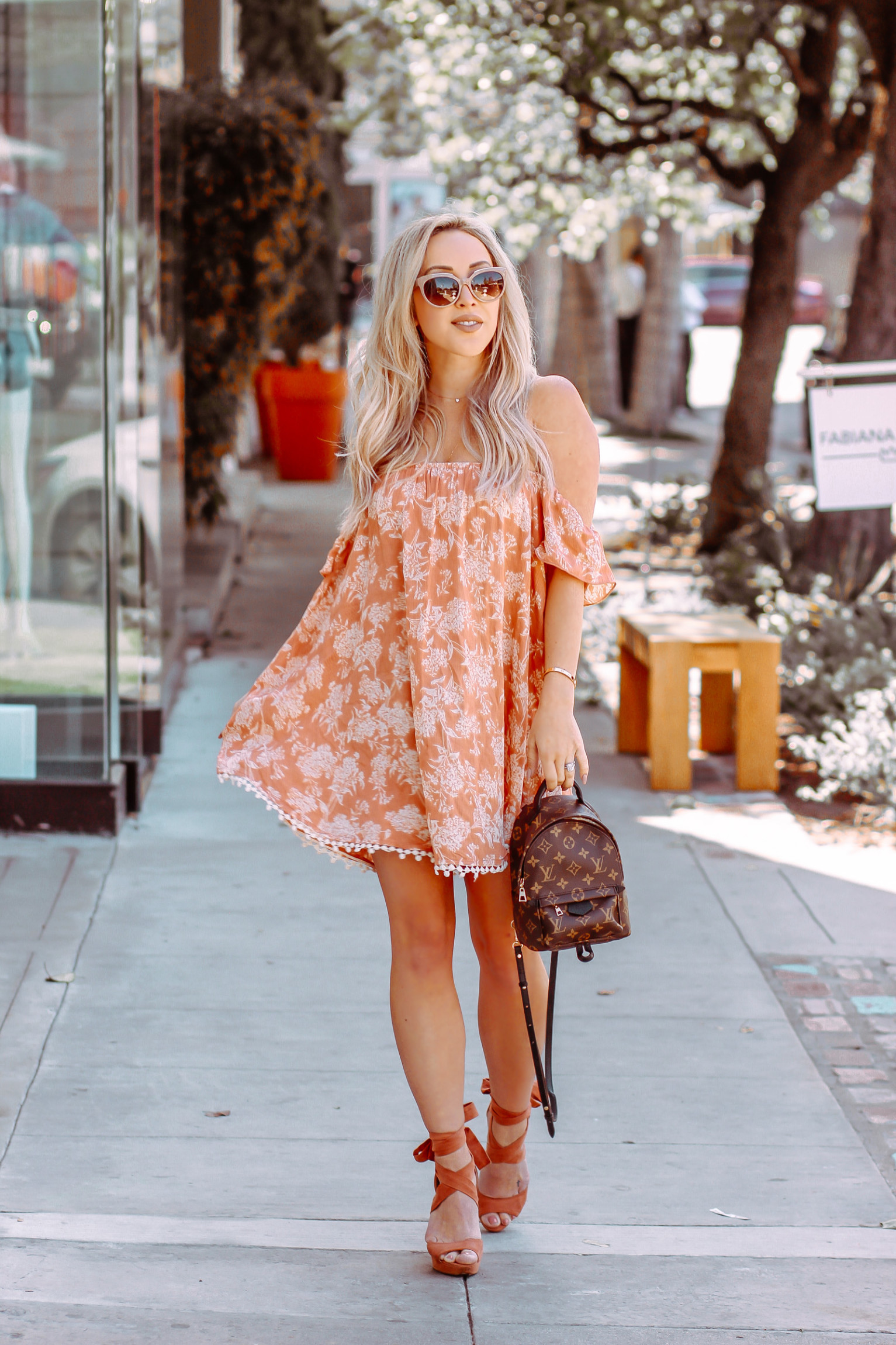 Orange Summer Dress | Louis Vuitton Backpack | Summer Fashion | Blondie in the City by Hayley Larue