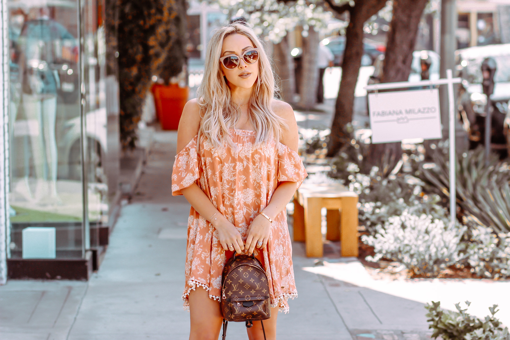 Orange Summer Dress | Louis Vuitton Backpack | Summer Fashion | Blondie in the City by Hayley Larue