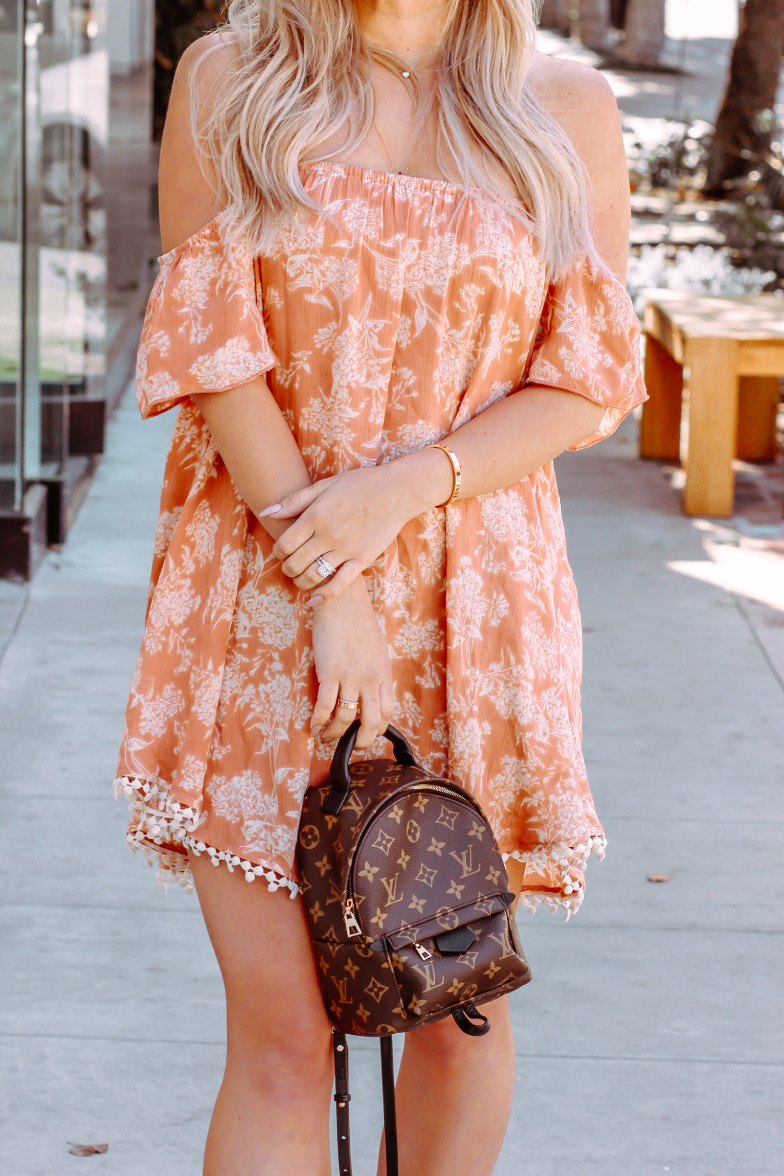 Orange Summer Dress | Louis Vuitton Backpack | Summer Fashion | Blondie in the City by Hayley Larue