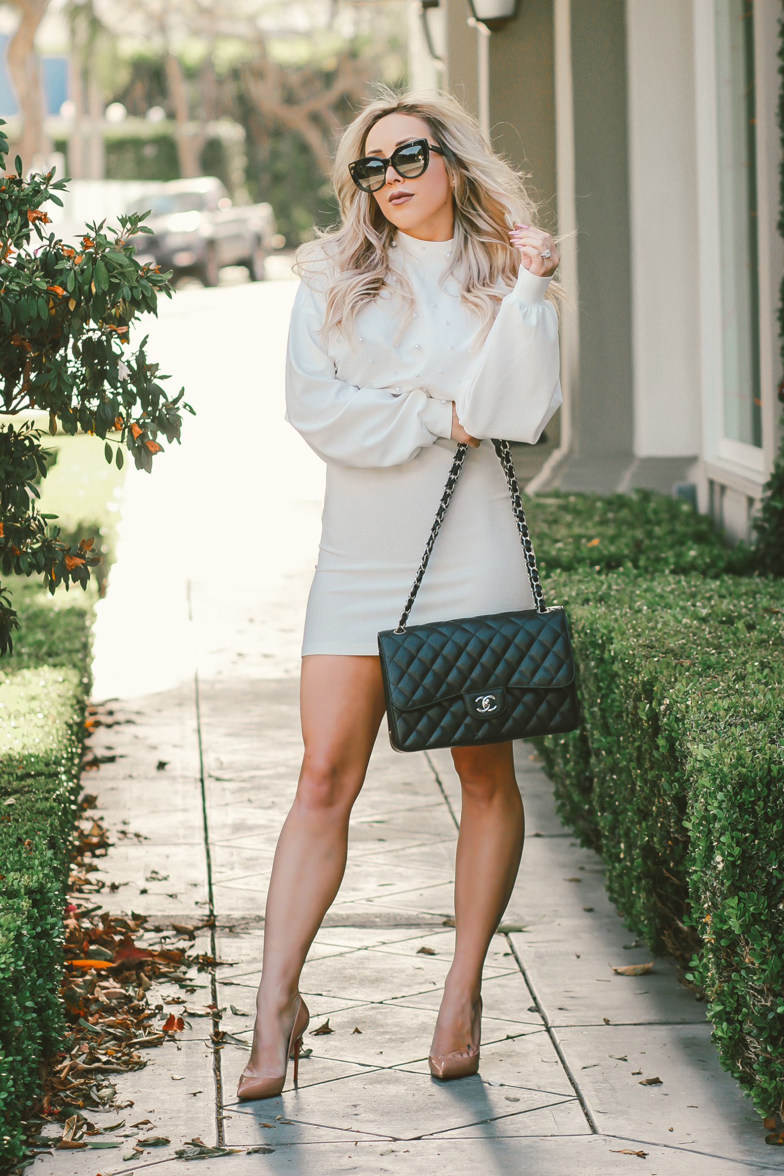 White Pearl Dress, Nude Louboutins, Black Chanel Bag | Blondie in the City by Hayley Larue