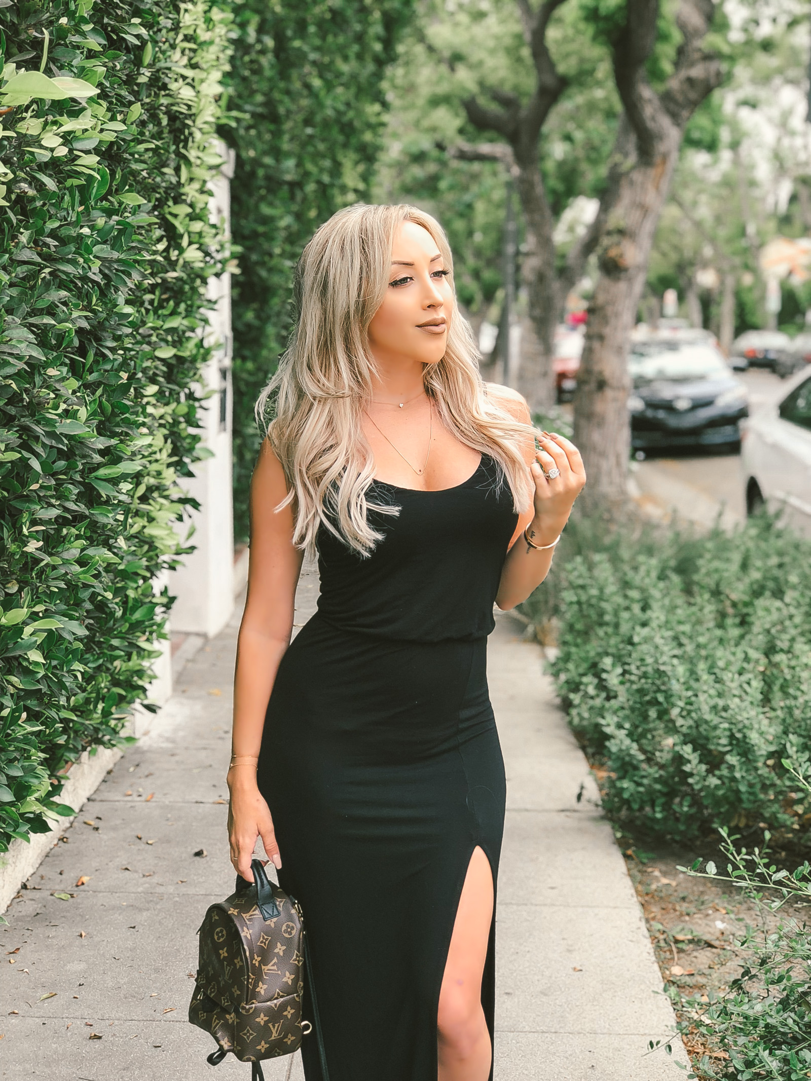 Black Maxi Dress w/ a slit | Louis Vuitton Palm Springs Backpack mini | iPhone vs. DSLR Photos | Blondie in the City by Hayley Larue