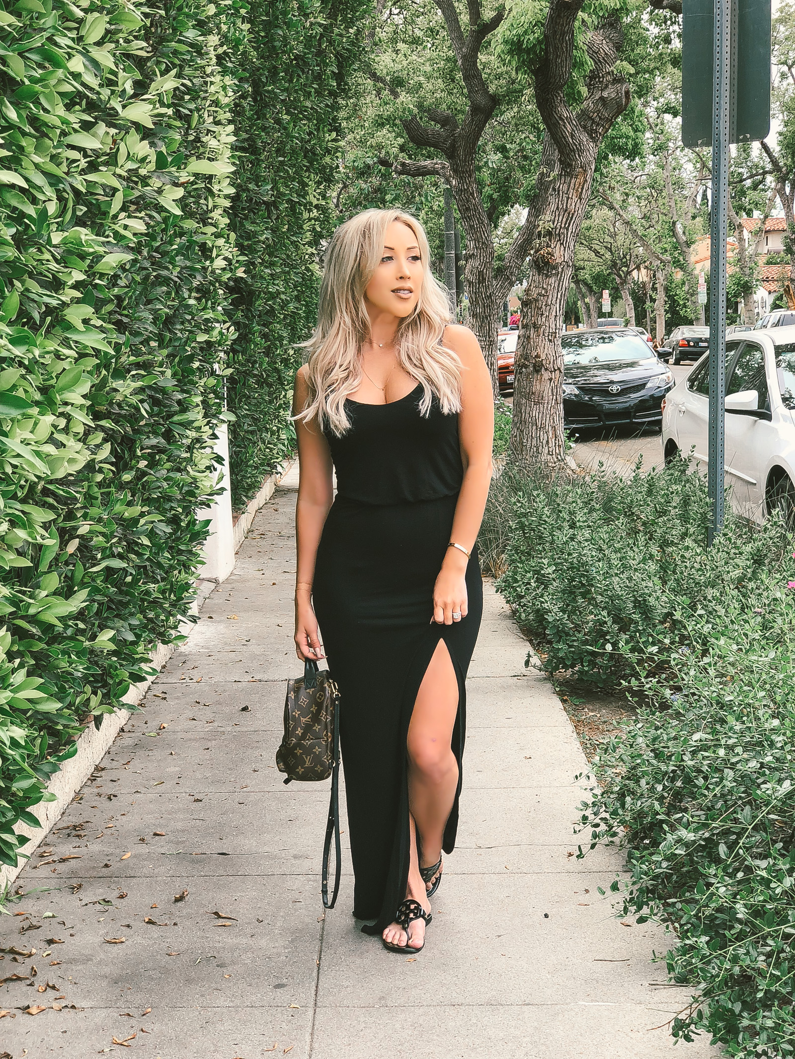 Black Maxi Dress w/ a slit | Louis Vuitton Palm Springs Backpack mini | iPhone vs. DSLR Photos | Blondie in the City by Hayley Larue