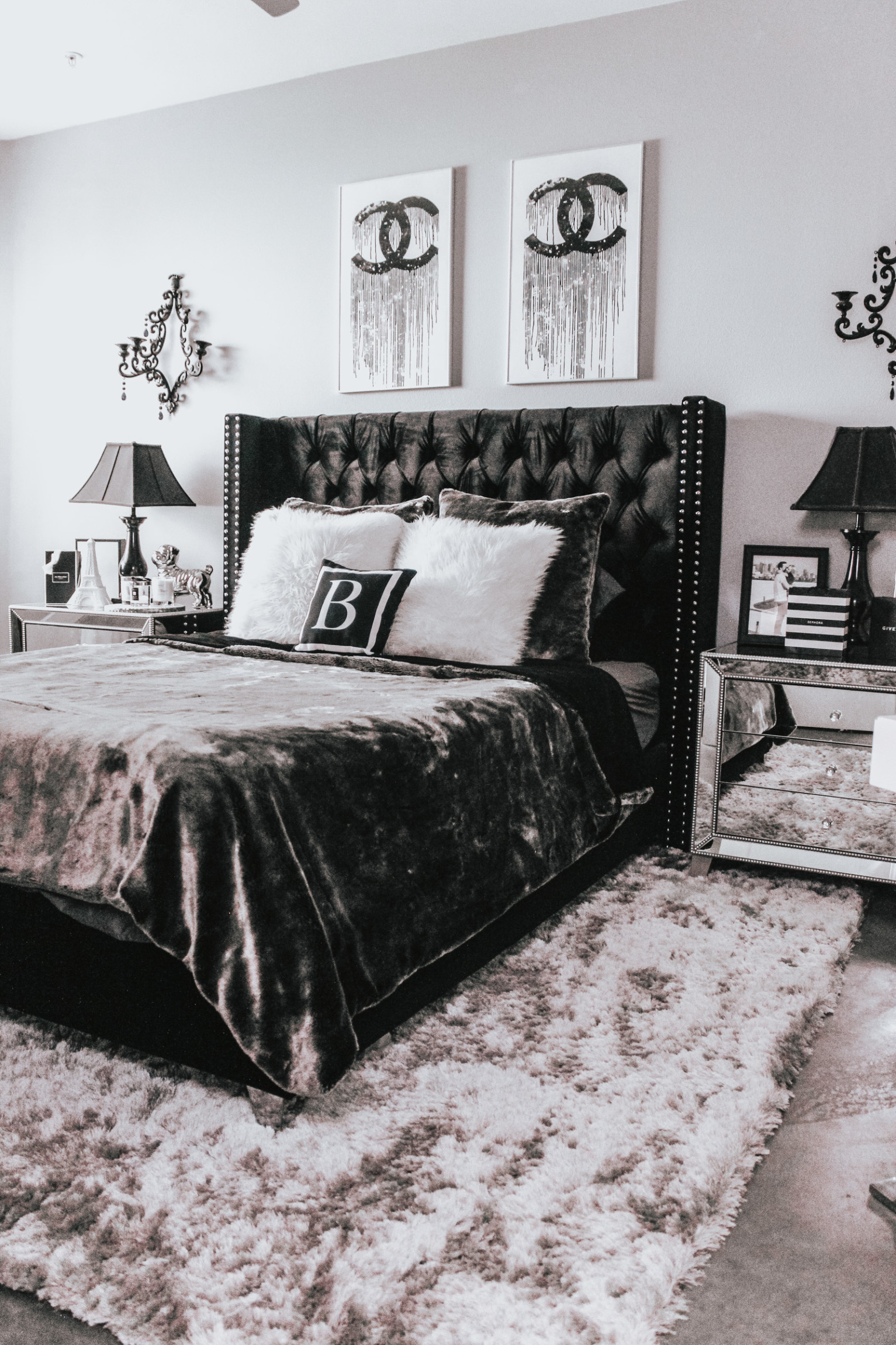 Chic Chanel Bedroom Decor | Chanel Prints | Black, White, & Grey Bedroom | Blondie in the City by Hayley Larue