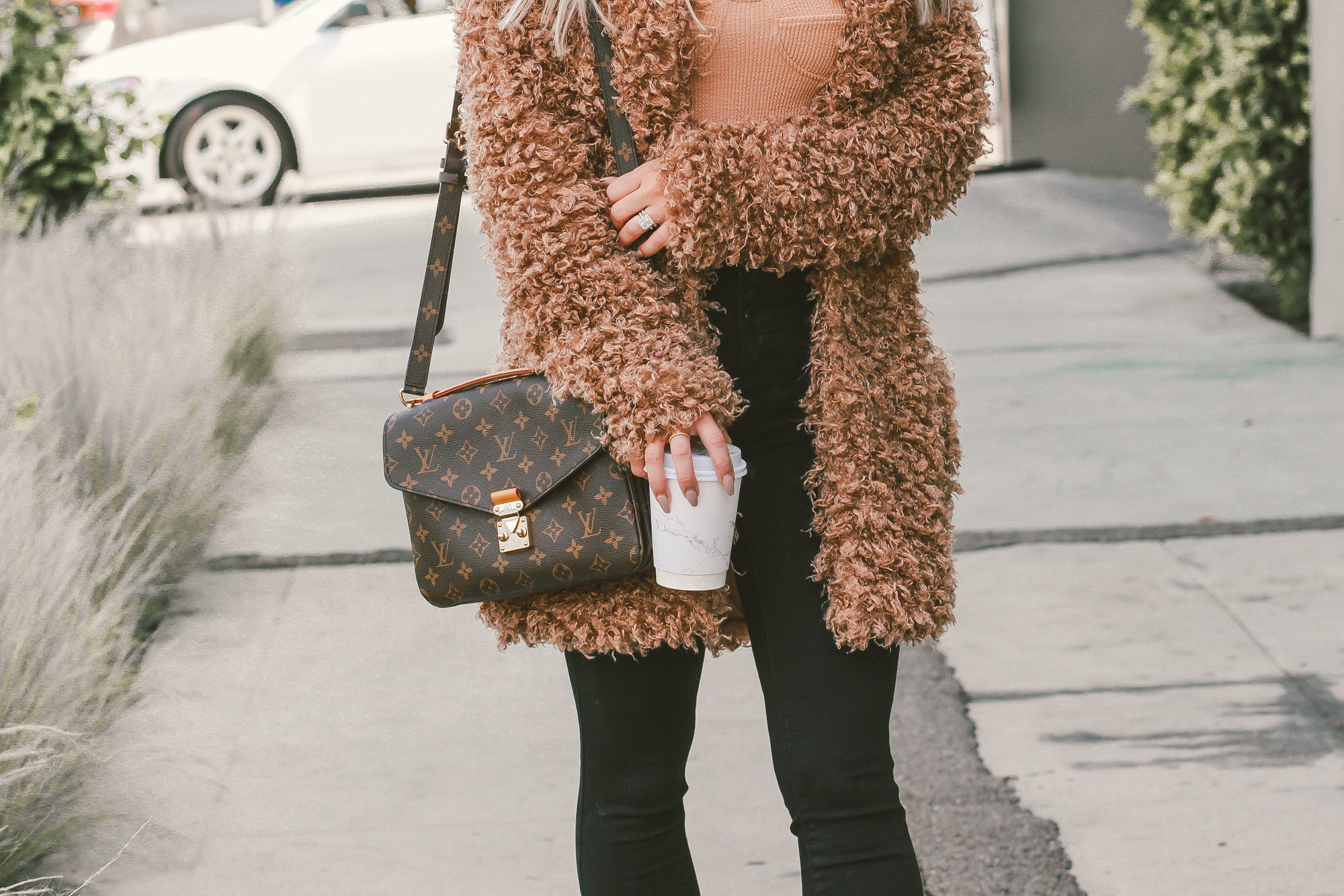 Brown Faux Fut Coat, Neutral Outfit Inspo | Louis Vuitton Pochette Metis | Blondie in the City by Hayley Larue