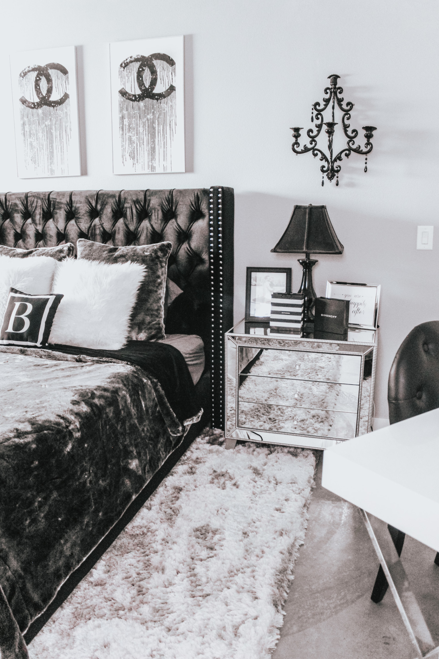 Chic Chanel Bedroom Decor | Chanel Prints | Black, White, & Grey Bedroom | Blondie in the City by Hayley Larue