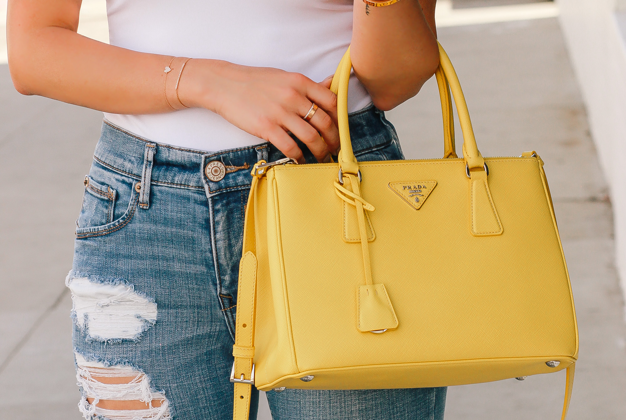 Spring Fashion | Yellow Prada Bag | Distressed Denim | Nude Louboutins | Blondie in the City by Hayley Larue