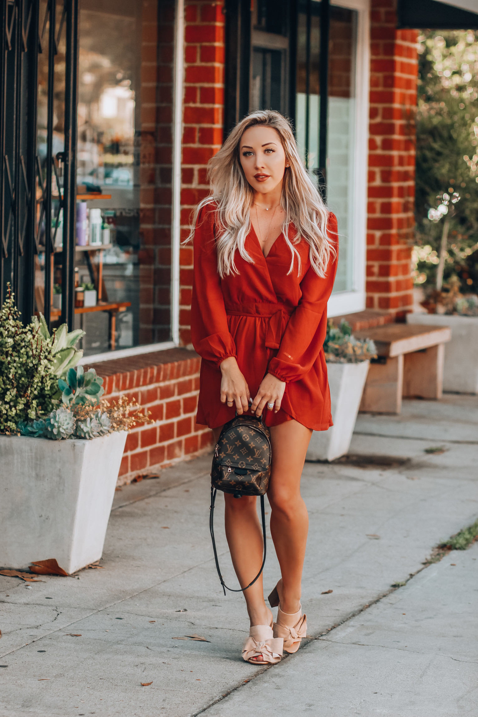 Flowy Chiffon Romper @FashionNova | Louis Vuitton Palm Springs Backpack Mini | Summer Style | Blondie in the City by Hayley Larue
