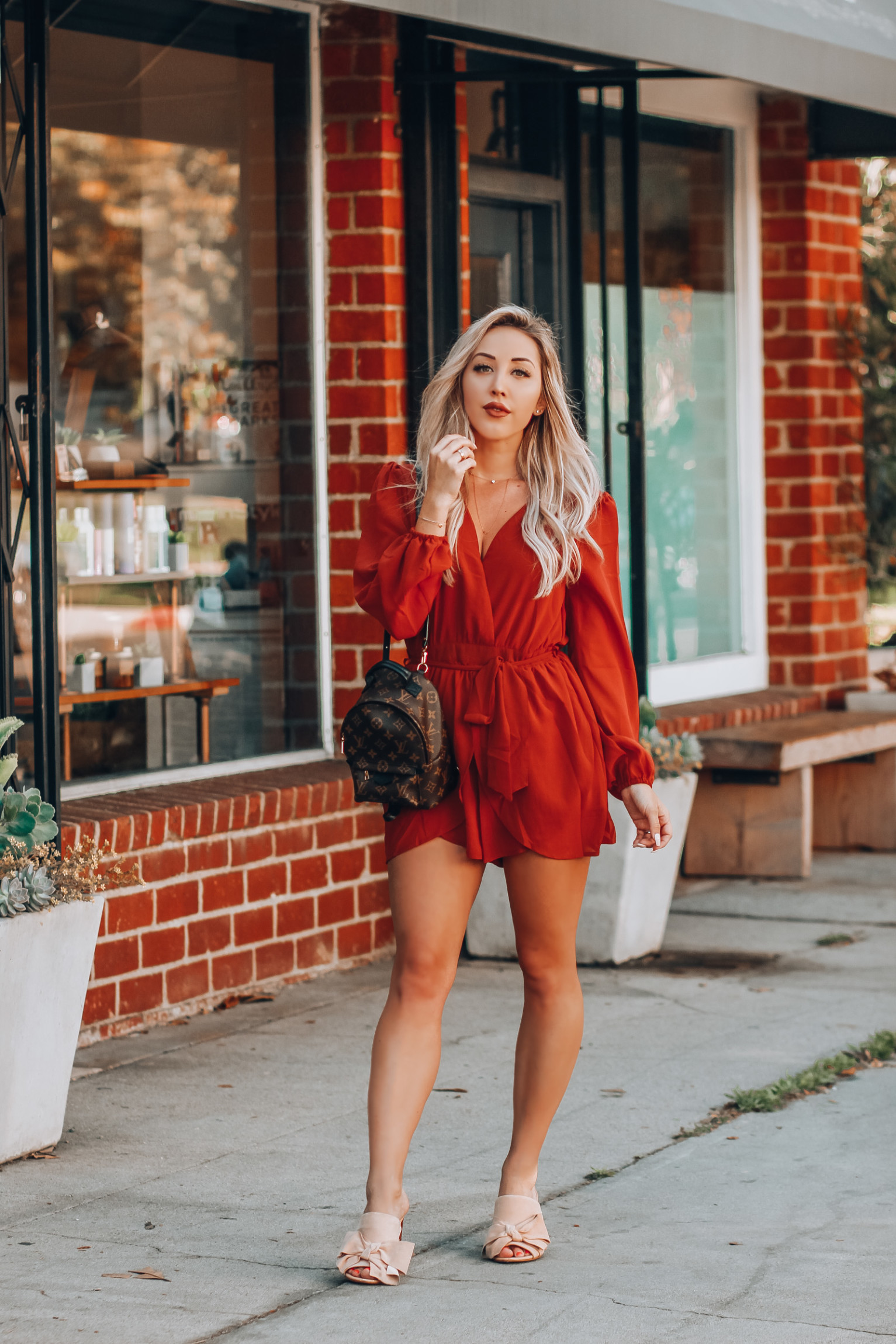 Flowy Chiffon Romper @FashionNova | Louis Vuitton Palm Springs Backpack Mini | Summer Style | Blondie in the City by Hayley Larue