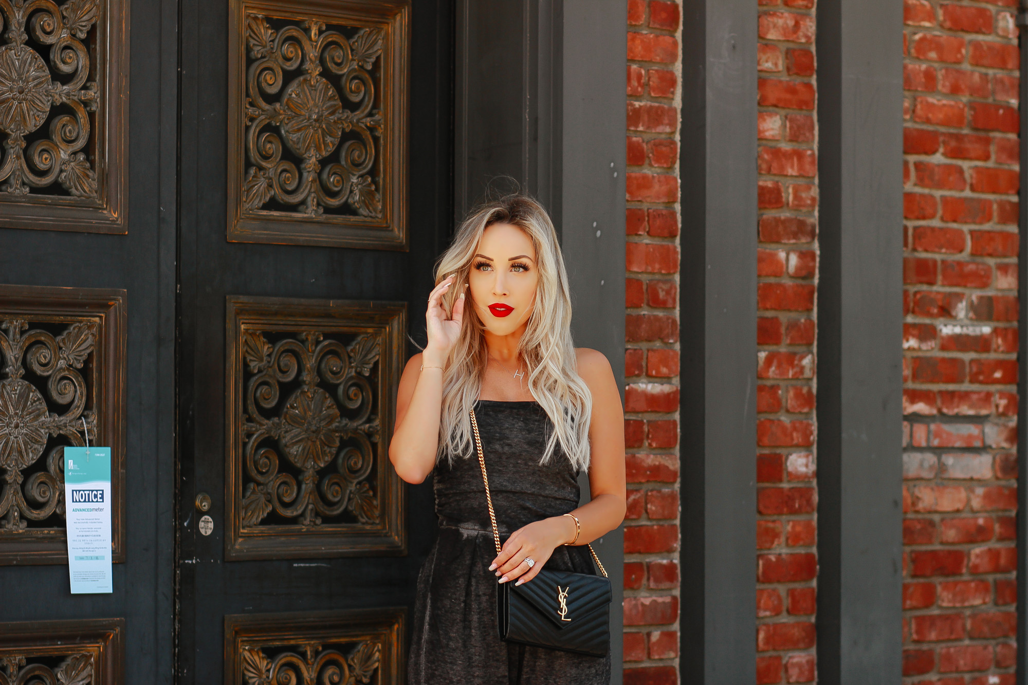 Charcoal Colored Jumpsuit | Nude Louboutins | YSL Bag | Red Lipstick | Fashion Blogger | Blondie in the City by Hayley Larue