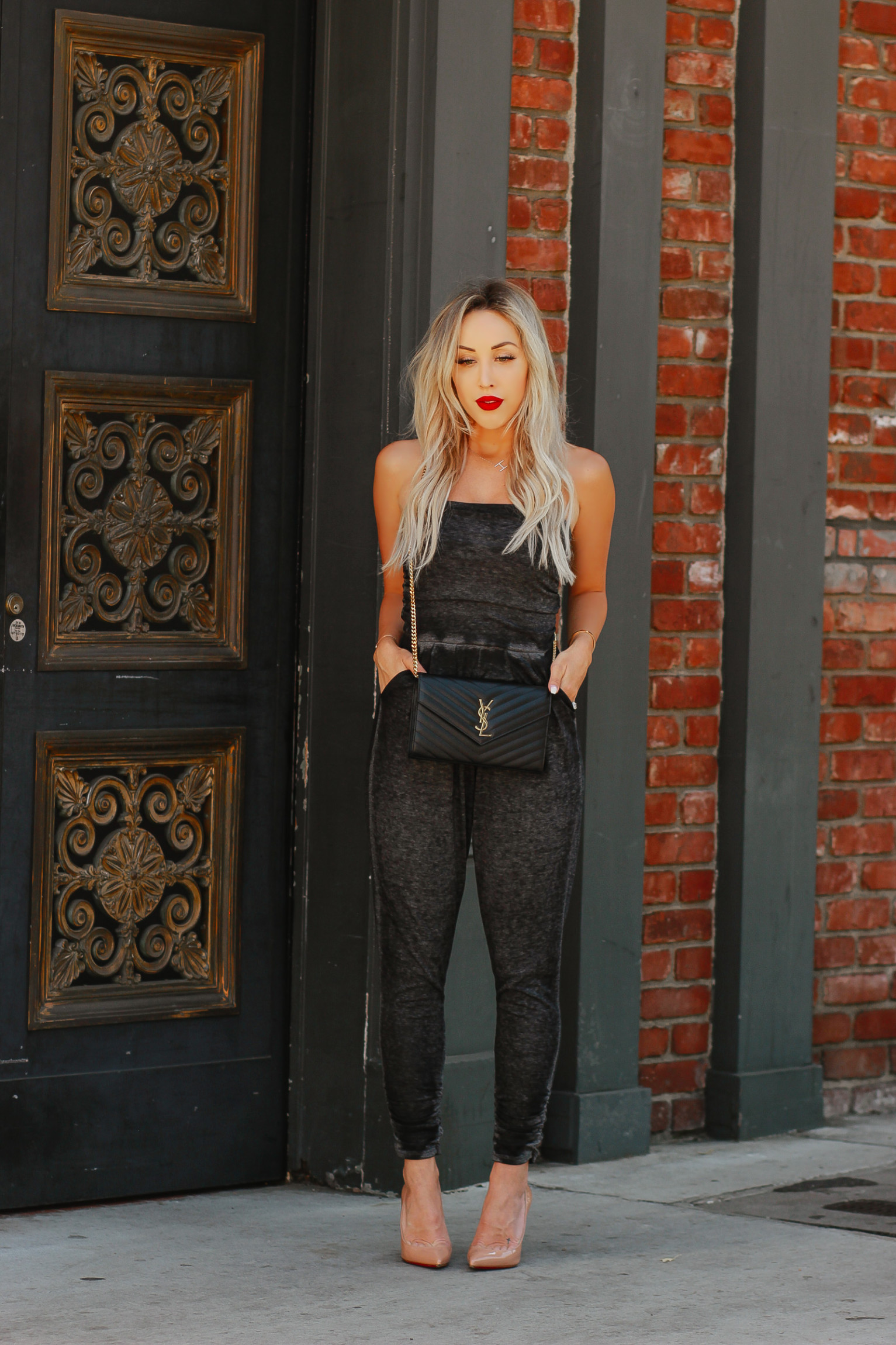 Charcoal Colored Jumpsuit | Nude Louboutins | YSL Bag | Red Lipstick | Fashion Blogger | Blondie in the City by Hayley Larue
