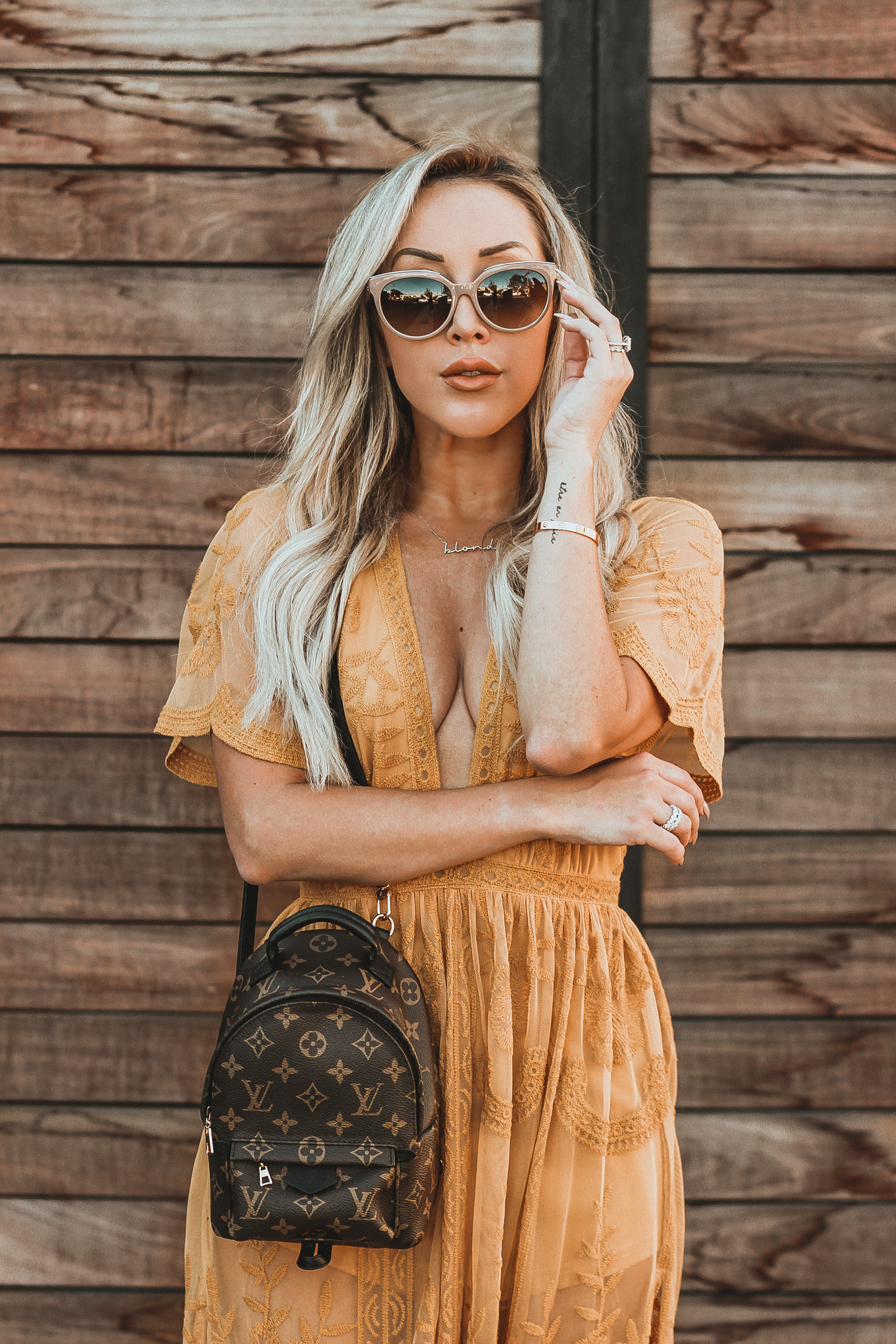 Fall Outfit Transition | Low Cut Yellow Maxi Dress | Louis Vuitton Palm Springs Mini Backpack | Blondie in the City by Hayley Larue