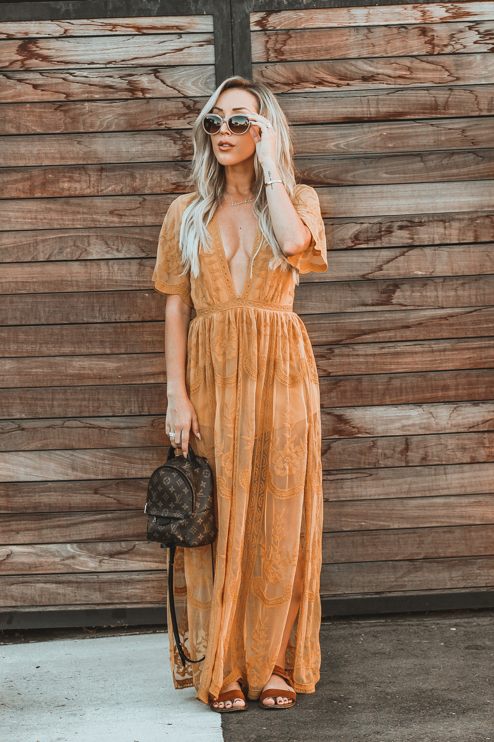 Fall Outfit Transition | Low Cut Yellow Maxi Dress | Louis Vuitton Palm Springs Mini Backpack | Blondie in the City by Hayley Larue