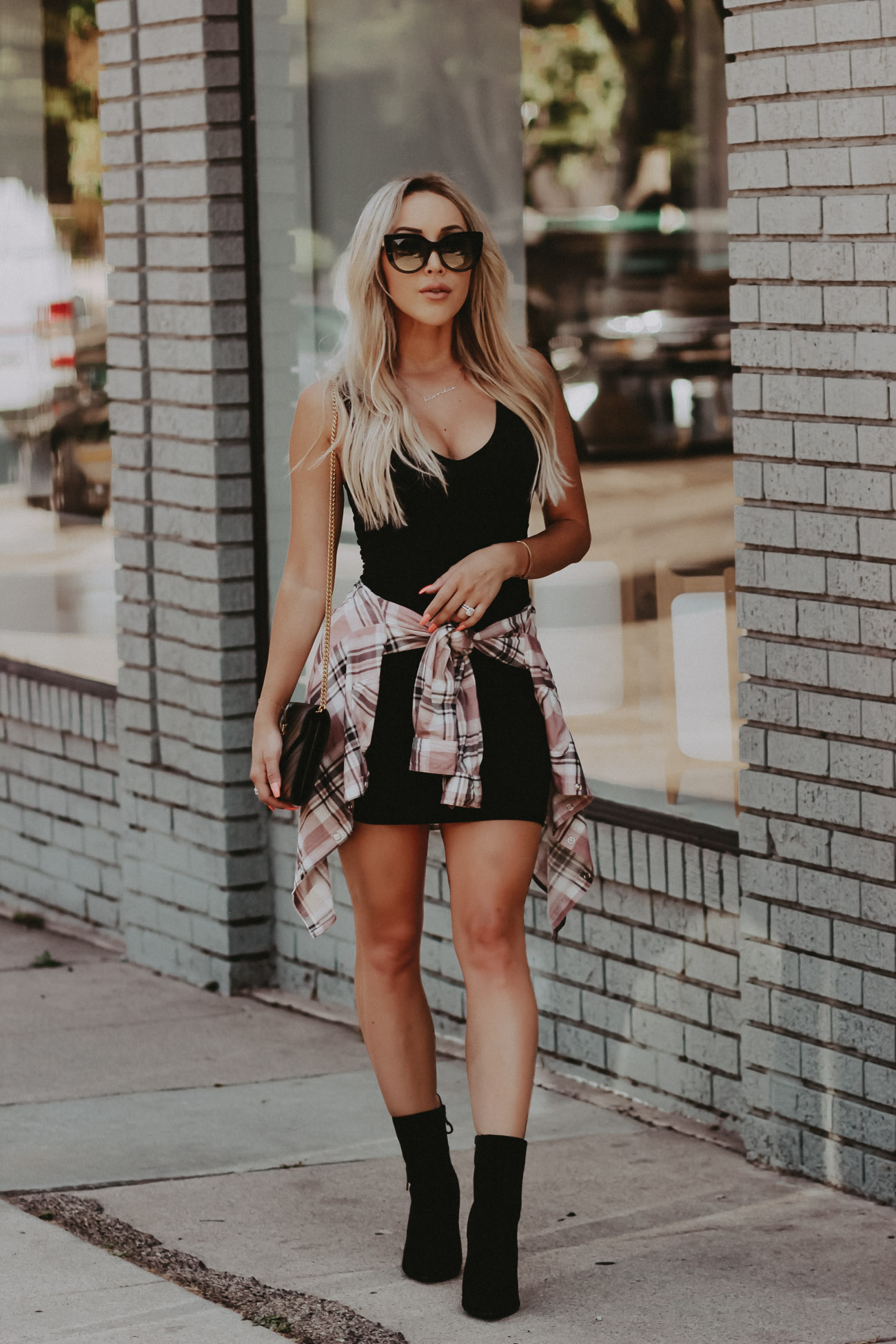 Take An Outfit From Day To Night | Black Bodycon | Flannel tied at the waist | Fashion Nova | Black Pointed toe Booties | Pink Adidas | Blondie in the City by Hayley Larue