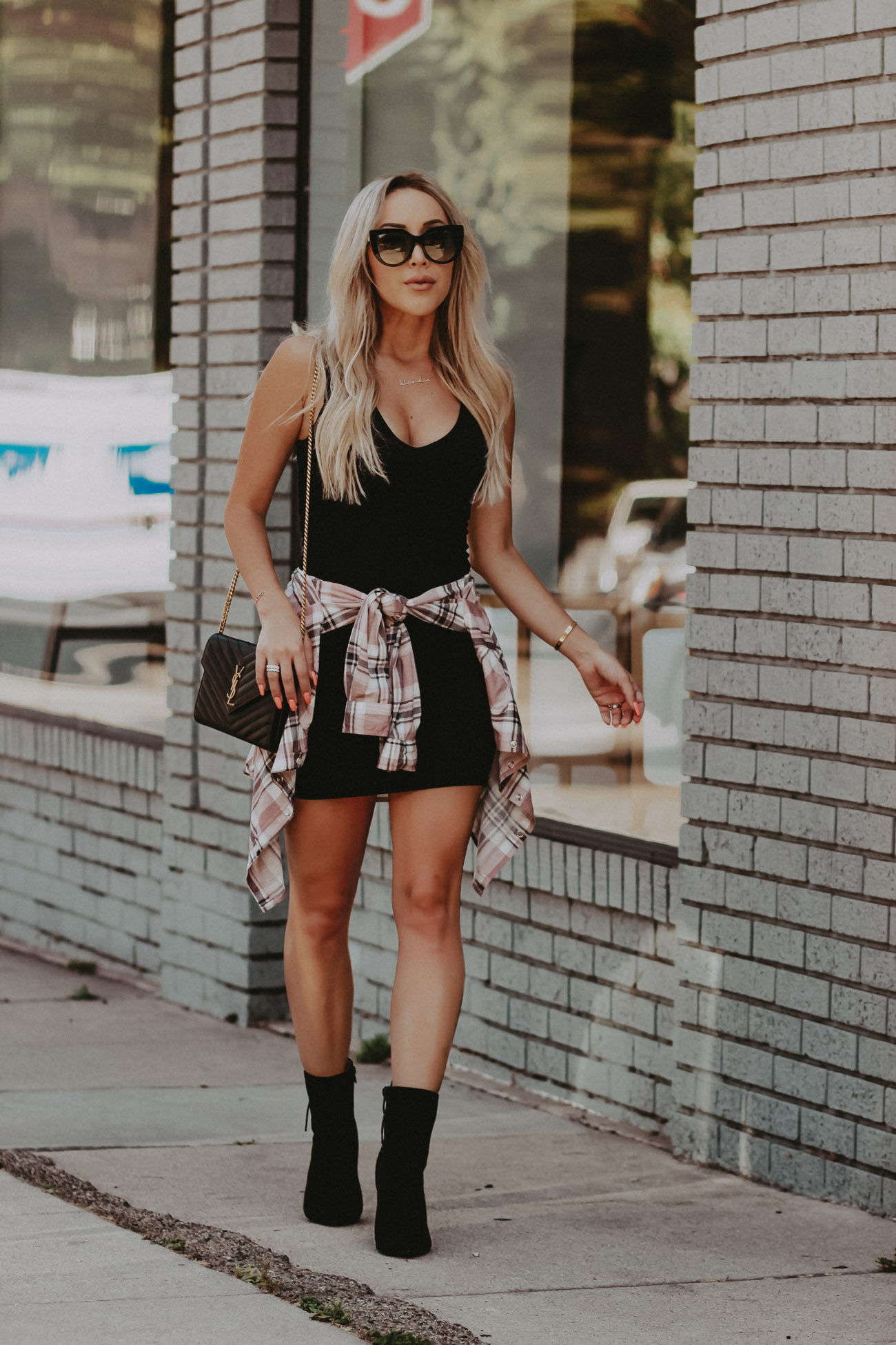 Take An Outfit From Day To Night | Black Bodycon | Flannel tied at the waist | Fashion Nova | Black Pointed toe Booties | Pink Adidas | Blondie in the City by Hayley Larue