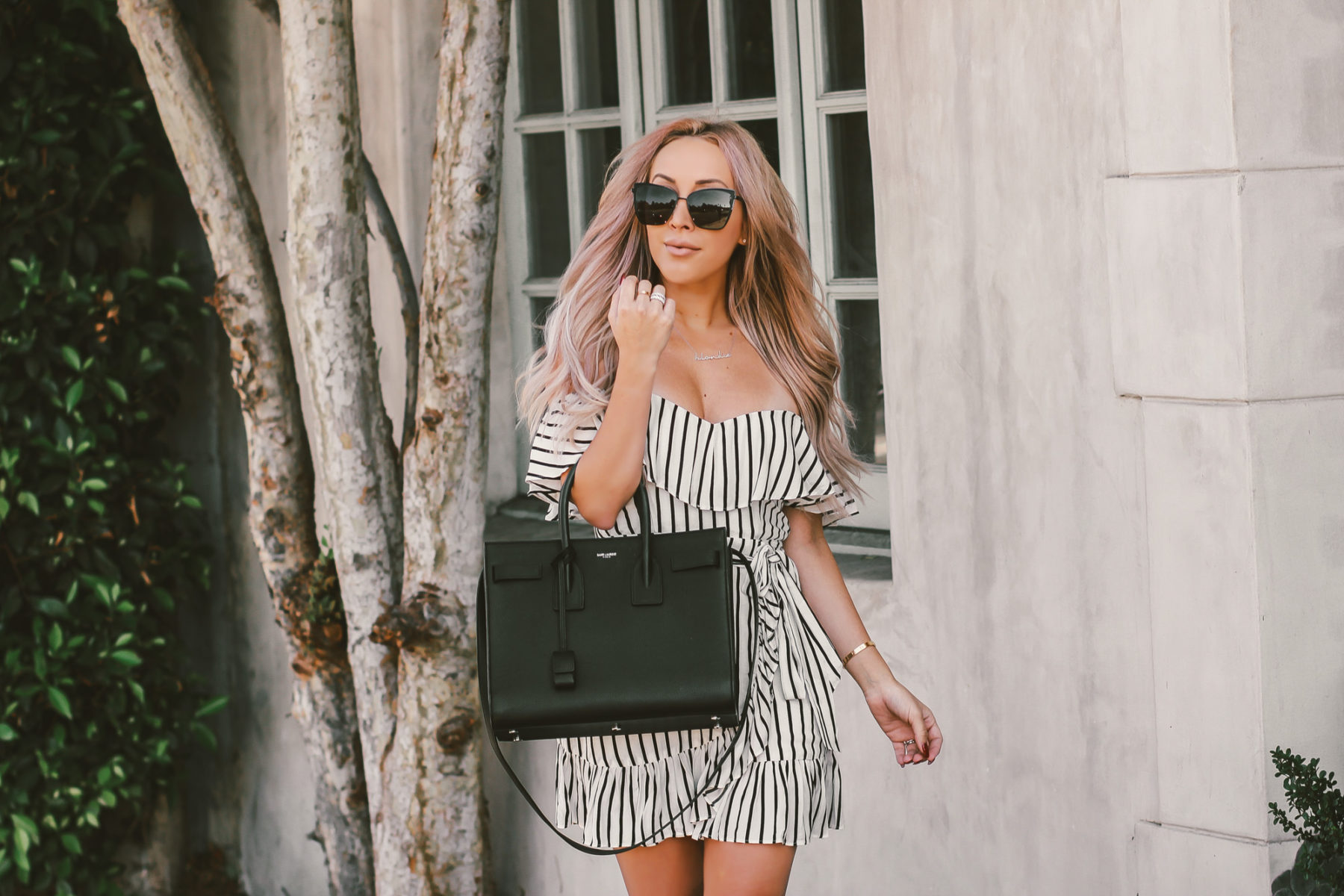 Black & White Dress by Privacy Please | Revolve | Fashion Blogger Style | Black Saint Laurent Sac De Jour | Black cat eye Sunglasses | Blondie in the City by Hayley Larue