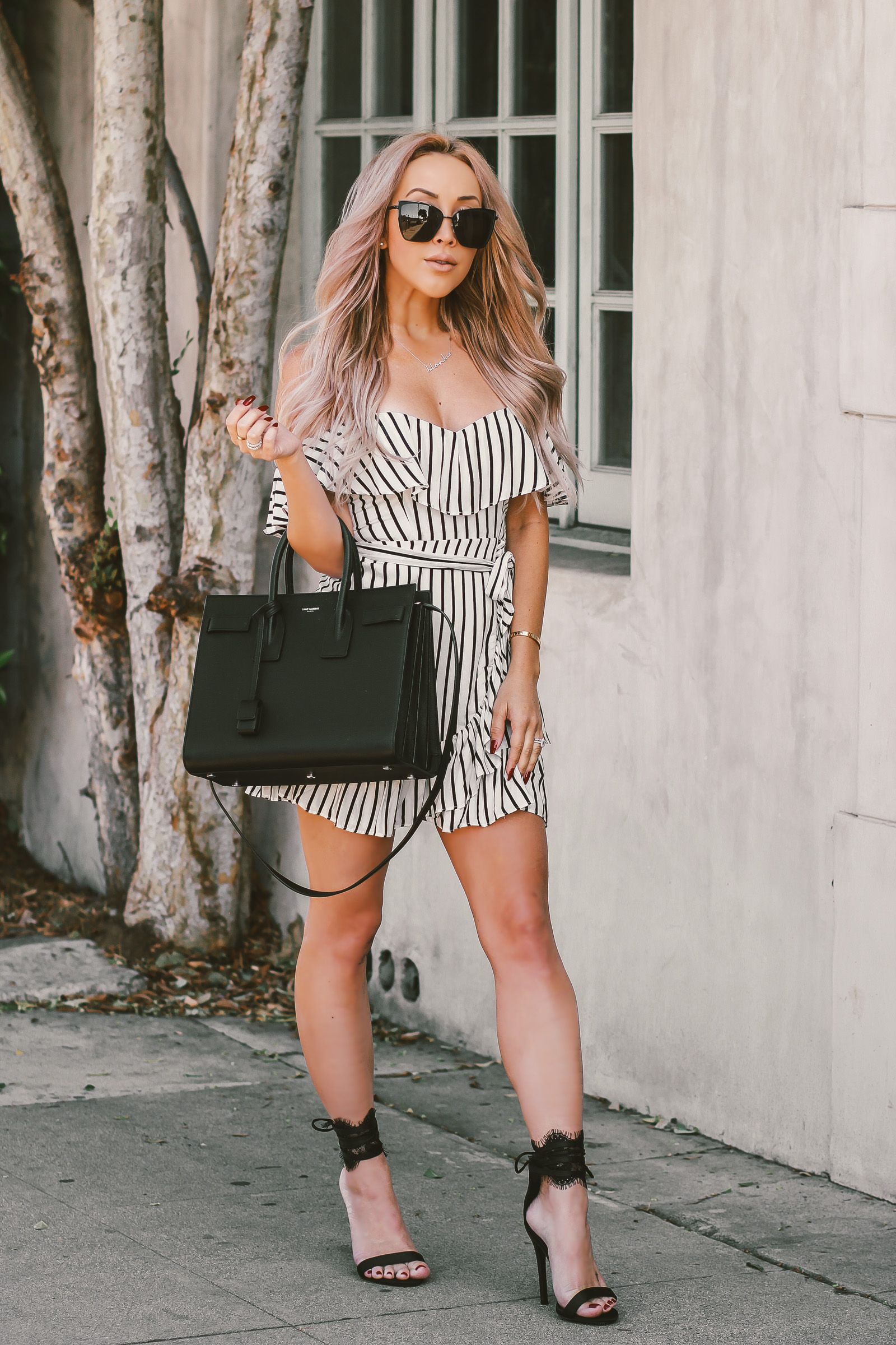 Black & White Dress by Privacy Please | Revolve | Fashion Blogger Style | Black Saint Laurent Sac De Jour | Black cat eye Sunglasses | Blondie in the City by Hayley Larue