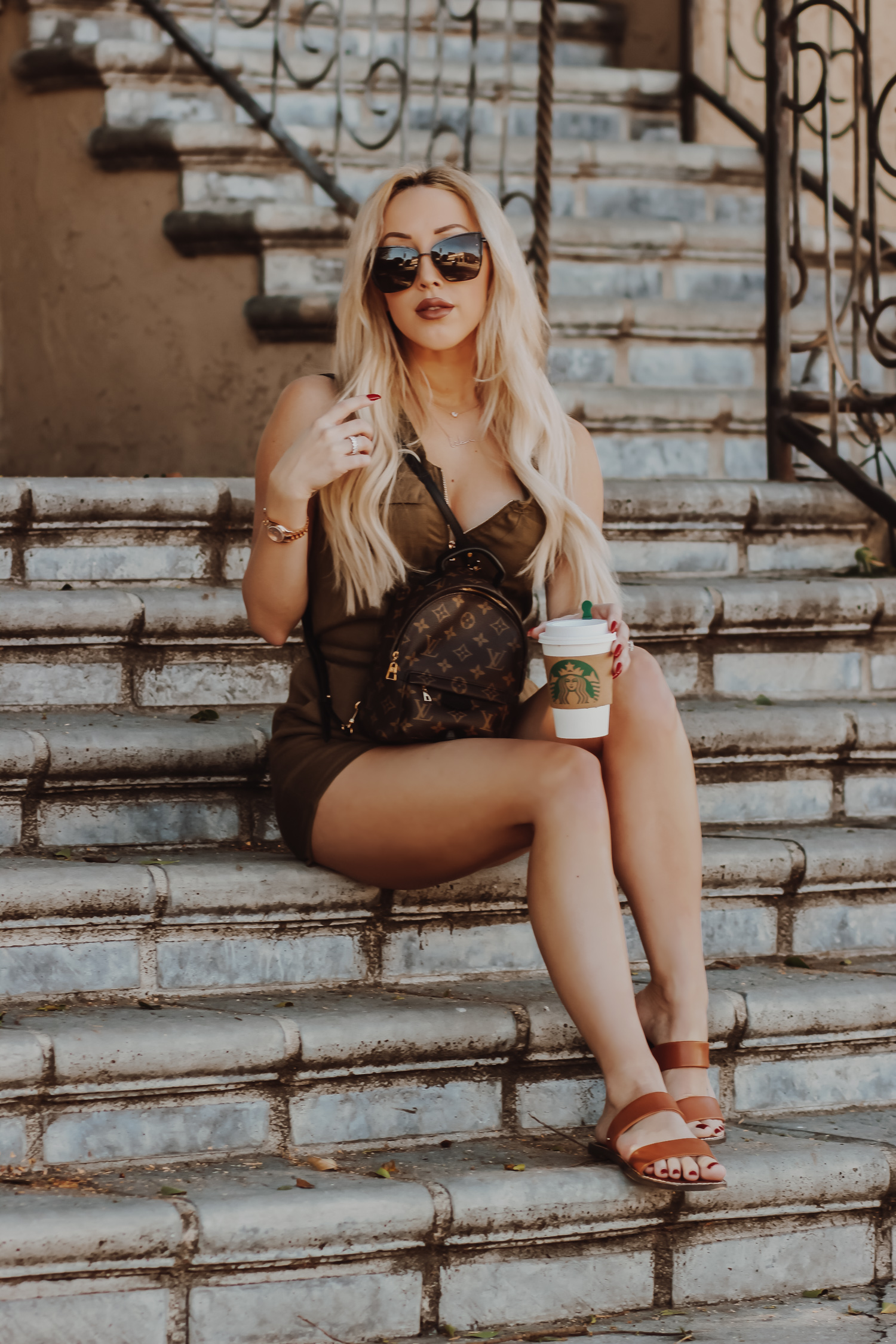 Green Romper Fashion Nova | Louis Vuitton Backpack | Summer Style | Spring Style | Winter in LA | Blondie in the City by Hayley Larue