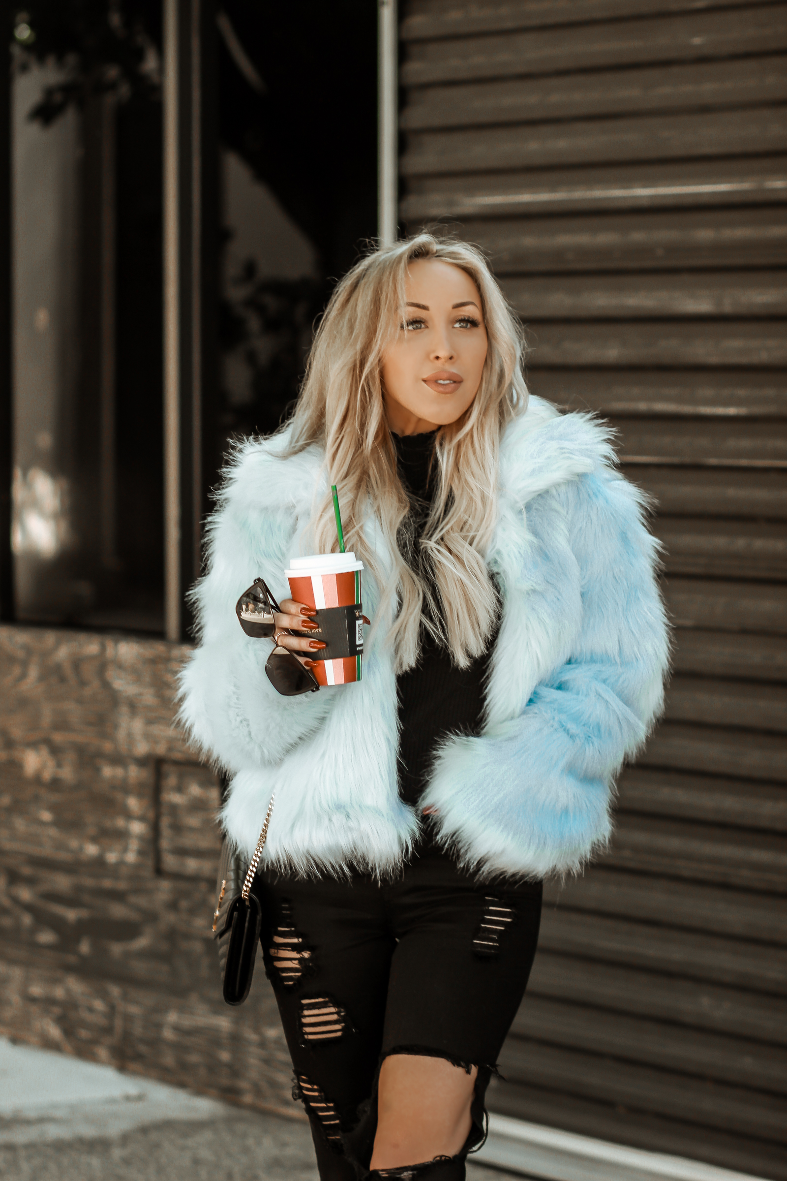 Light Blue Faux Fur Coat | Pastel Coat | Winter Fashion | Fall Fashion | Long Blonde Hair | Hair Extensions | Blondie in the City by Hayley Larue