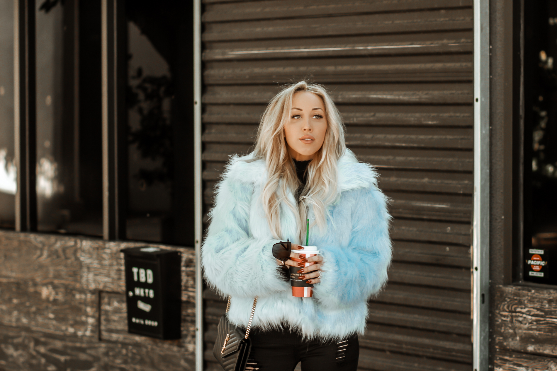 Light Blue Faux Fur Coat | Pastel Coat | Winter Fashion | Fall Fashion | Long Blonde Hair | Hair Extensions | Blondie in the City by Hayley Larue