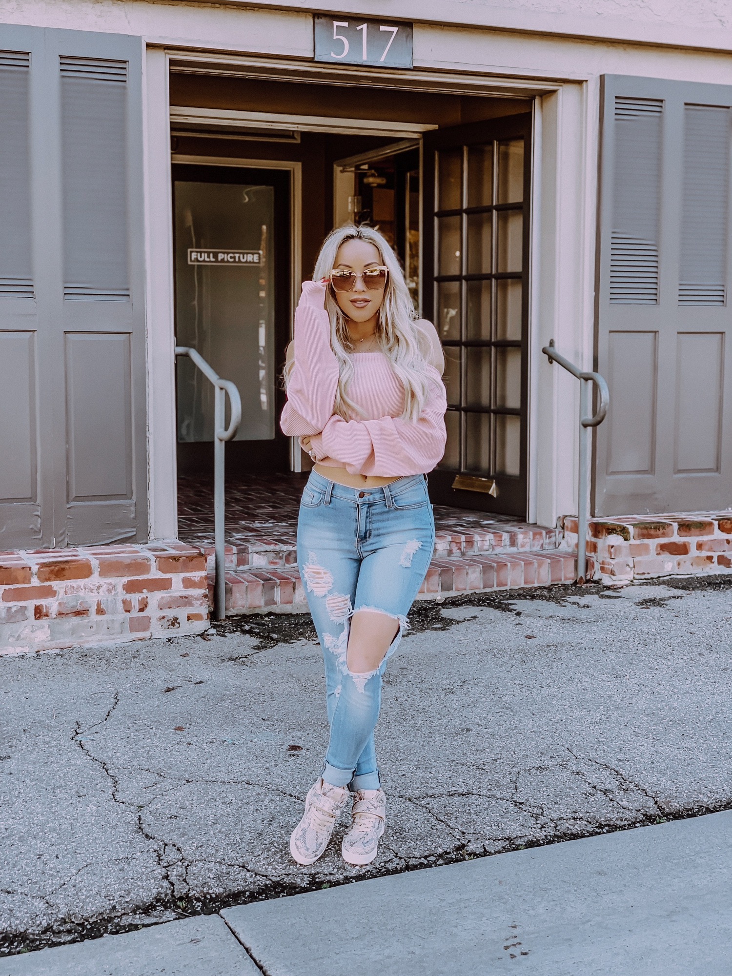 Valentines Day Hipster Style | Pink Off The Shoulder Sweater | Ripped Denim Fashion Nova | Blondie in the City by Hayley Larue