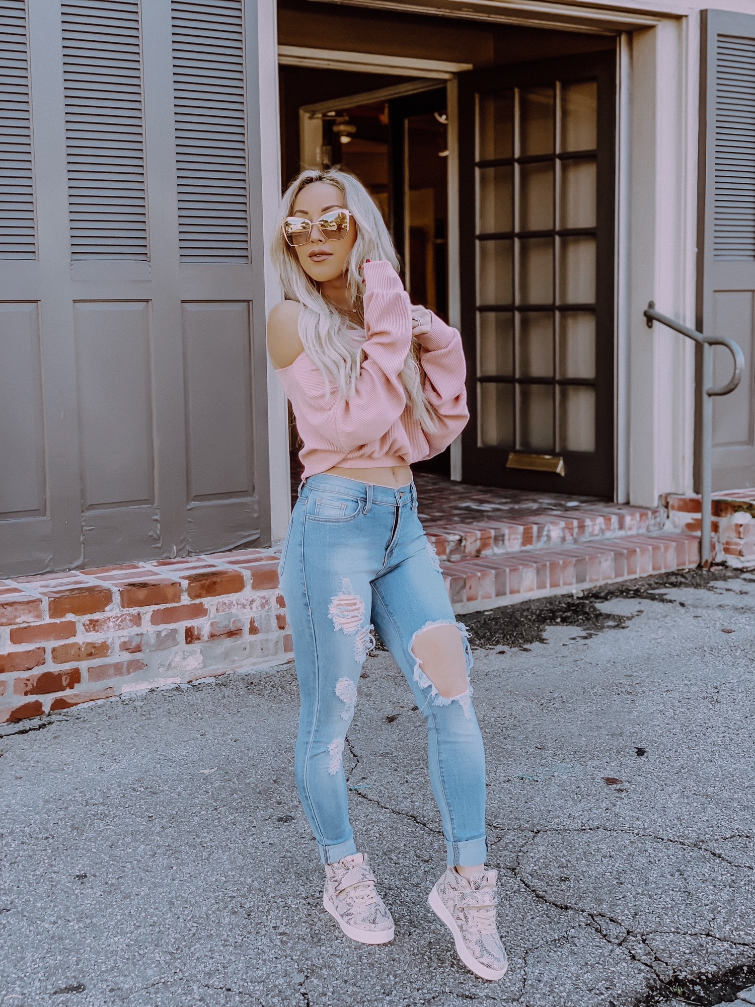 Valentines Day Hipster Style | Pink Off The Shoulder Sweater | Ripped Denim Fashion Nova | Blondie in the City by Hayley Larue