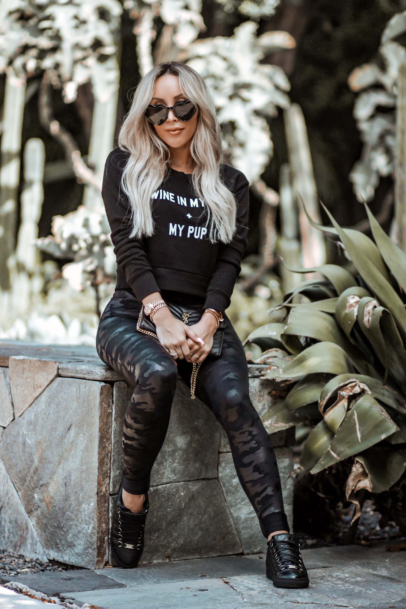 Wine in My Cup + My Pup | Wildfox tee's | Wildfox Couture | Balenciaga Sneakers  |  Black Camo Leggings  |  Blondie in the City by Hayley Larue