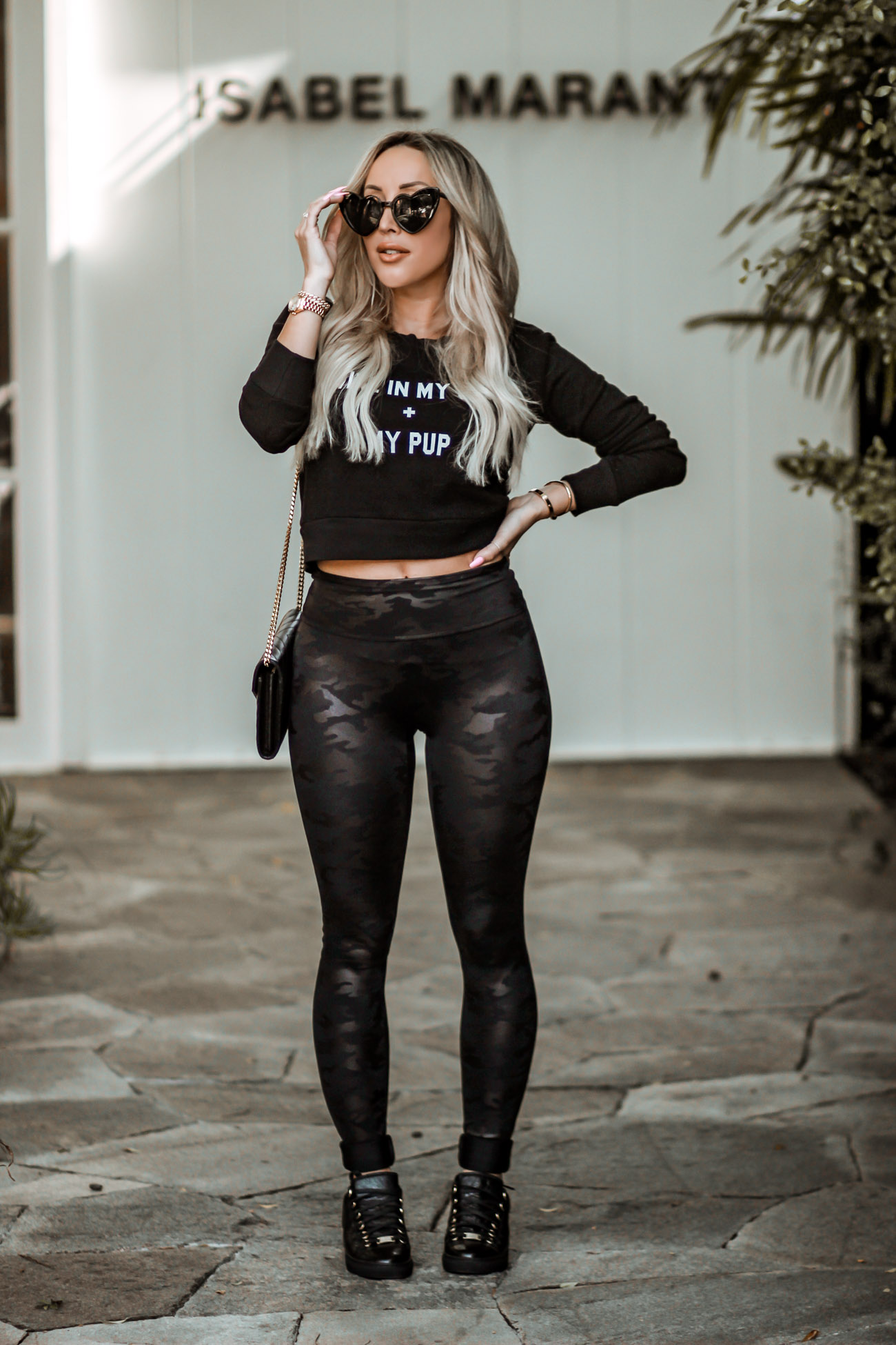 Wine in My Cup + My Pup | Wildfox tee's | Wildfox Couture | Balenciaga Sneakers  |  Black Camo Leggings  |  Blondie in the City by Hayley Larue