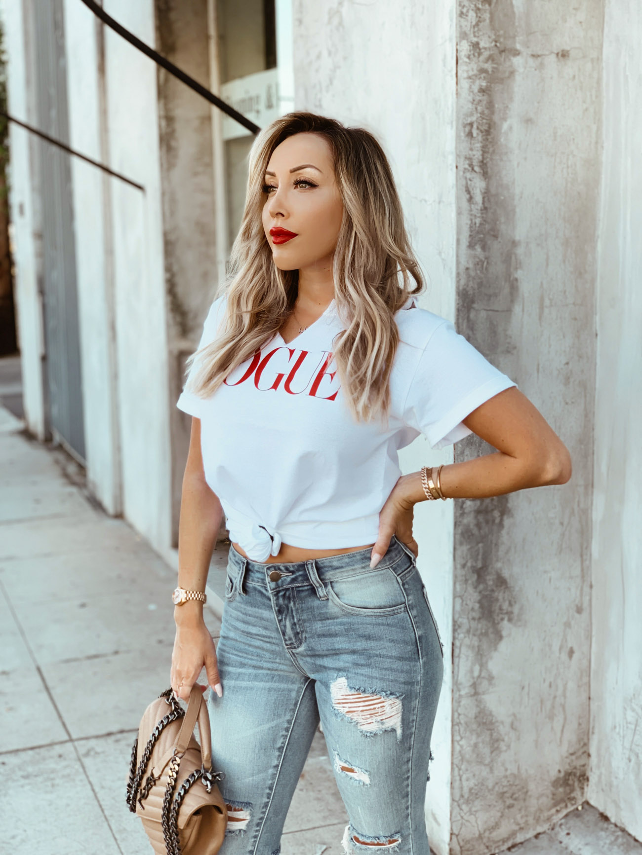 Vogue Tee | Ripped Denim | Red Heels | Street Style in LA | Blondie in the City by Hayley Larue