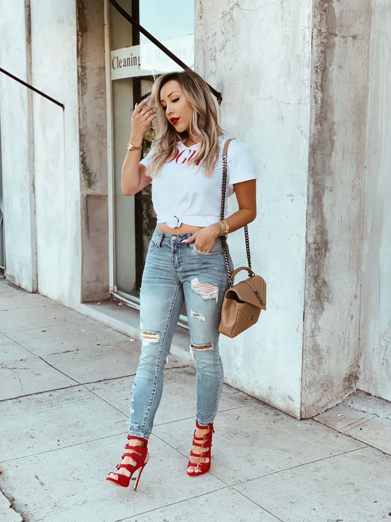 Vogue Tee | Ripped Denim | Red Heels | Street Style in LA | Blondie in the City by Hayley Larue