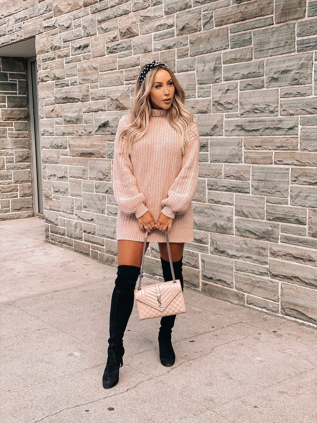 Pink Oversized Sweater | House of Harlow | Black Stuart Weitzman Boots | Pearl Headband | Pink YSL Bag | Blondie in the City by Hayley Larue