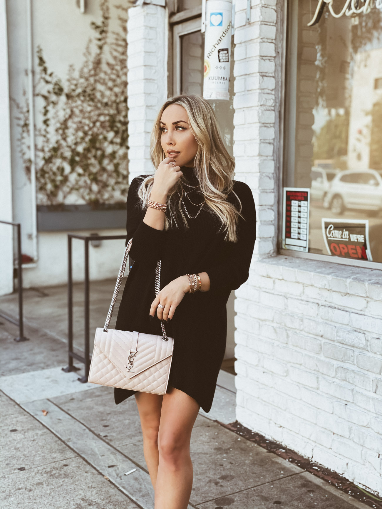 Black Sweater Dress | Snake Skin Boots | Pink YSL | Blondie in the City by Hayley Larue