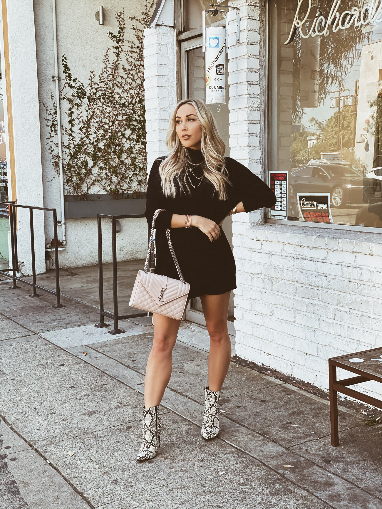 Black Sweater Dress | Snake Skin Boots | Pink YSL | Blondie in the City by Hayley Larue