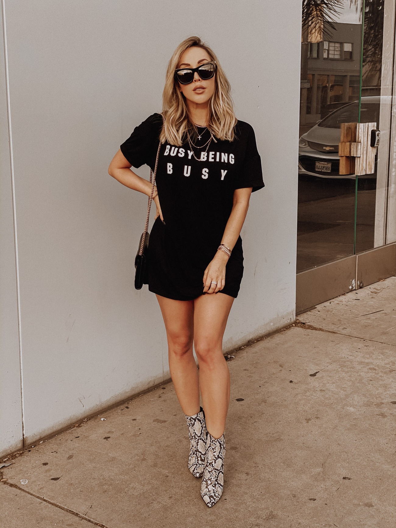Busy Being Busy | Revolve | T-shirt Dress | Faux Snake Skin Boots | YSL sunglasses | LA Street Style | Blondie in the City by Hayley Larue