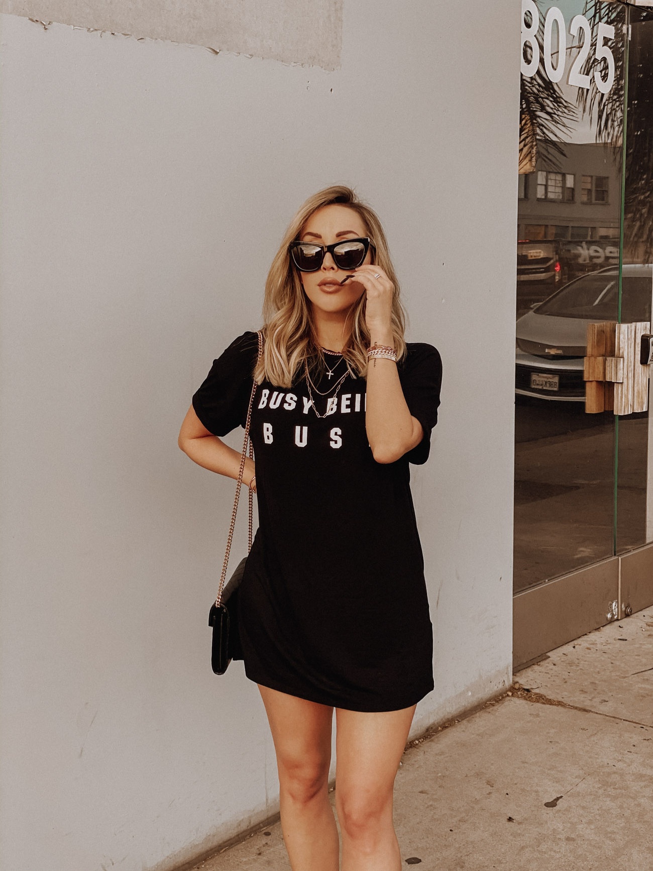 Busy Being Busy | Revolve | T-shirt Dress | Faux Snake Skin Boots | YSL sunglasses | LA Street Style | Blondie in the City by Hayley Larue