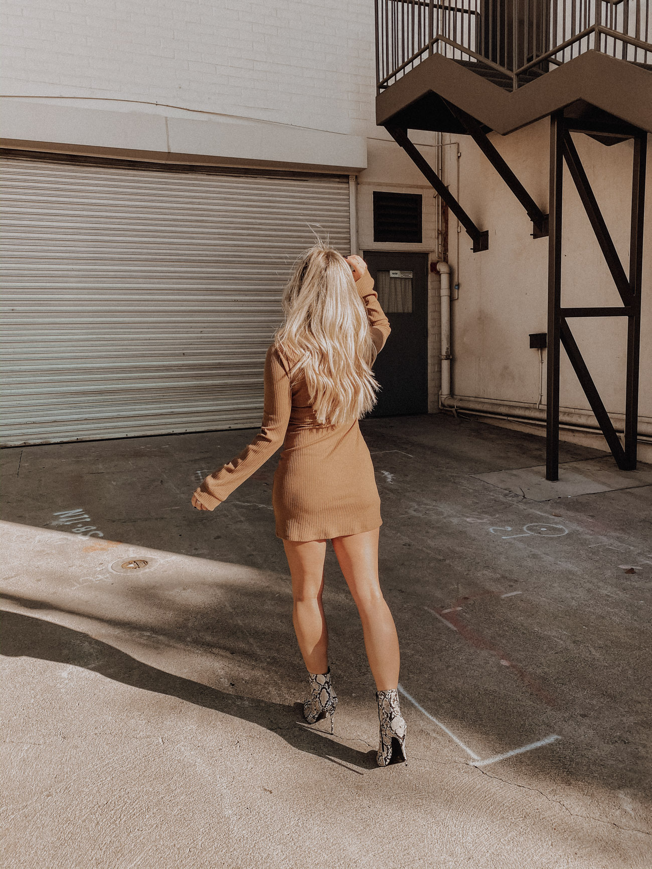 Camel Cardigan Sweater Dress | Faux Snake Skin Boots | Revolve | Blondie in the City by Hayley Larue