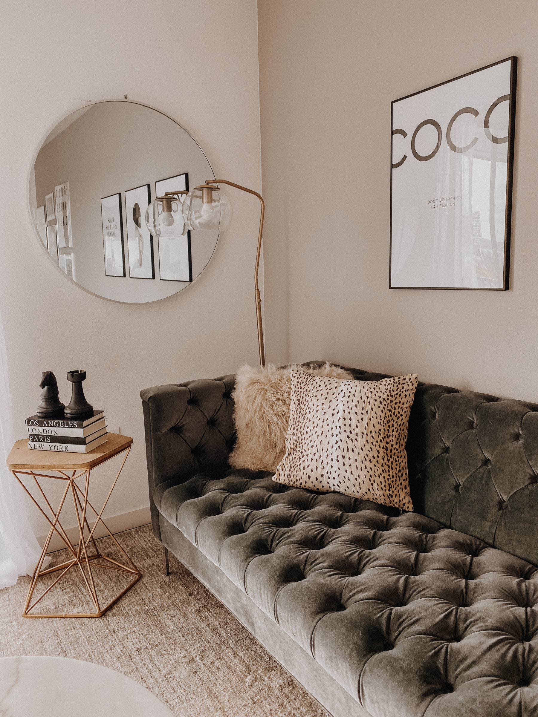 Neutral Living Room | Charcoal Sofa | Brass accents | Home Decor | Blondie in the City by Hayley Larue | Hayley Larue Decor