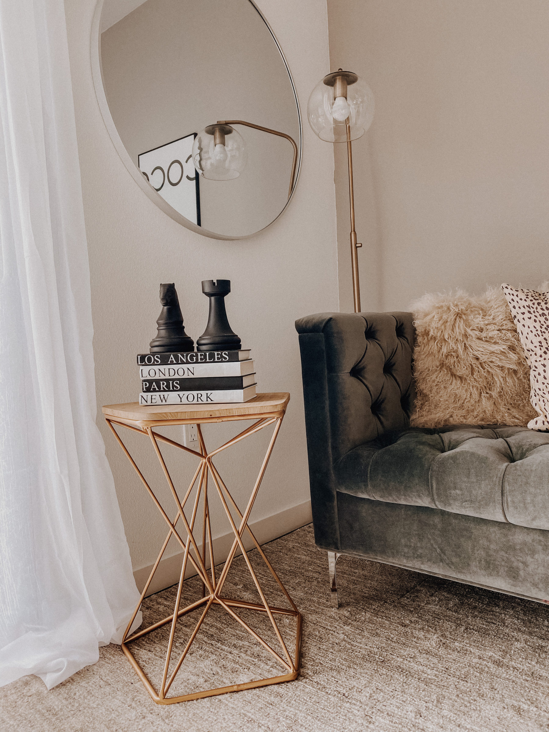Neutral Living Room | Charcoal Sofa | Brass accents | Home Decor | Blondie in the City by Hayley Larue | Hayley Larue Decor
